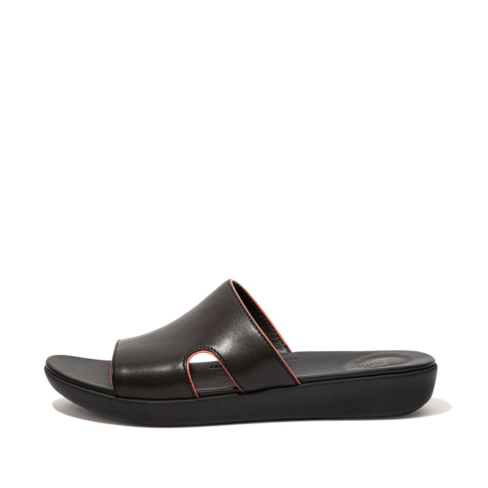 Fitflop Womens Slides - H-bar Pop-binding Leather - Black - 354-KCZQFN